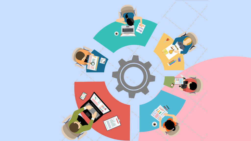 Illustration of people sitting around a table in an office setting with a cog in the middle of the table.