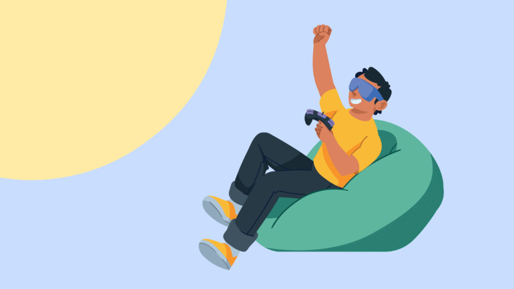 Illustration of someone sitting on a bean bag holding a games controller.