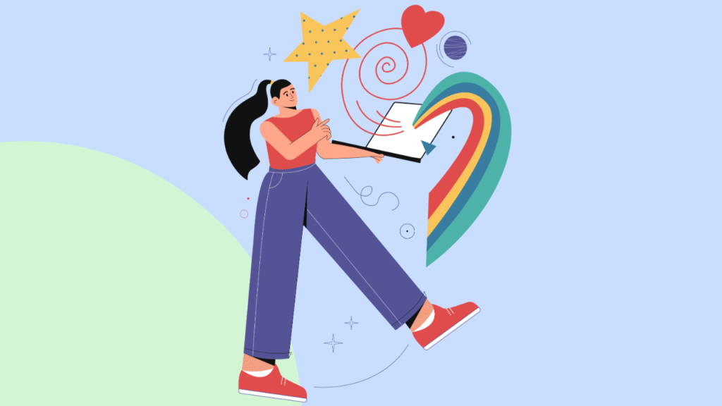 illustration of someone with a rainbow, heart and star around them.