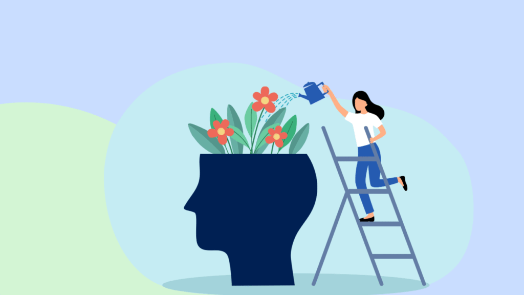 illustration of a head with flowers growing out the top and a person watering them.