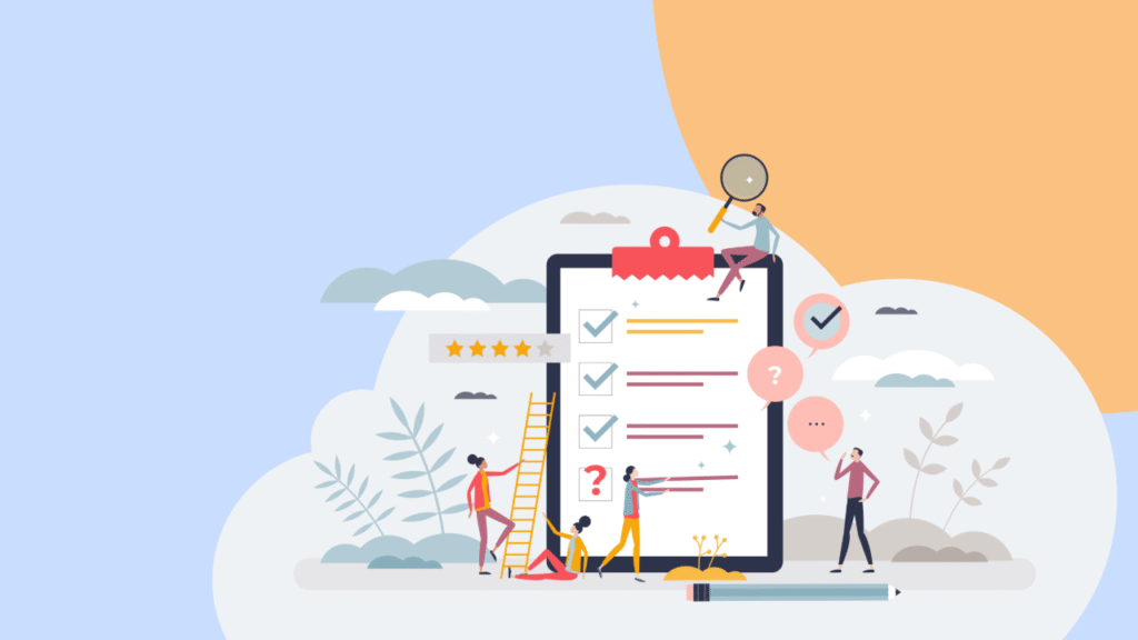 illustration of a clipboard in front of a cloud with two people standing next to it.