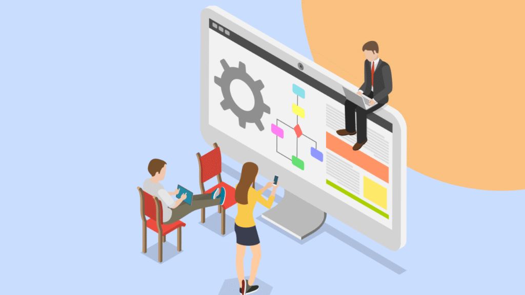 illustration showing three people and a large computer screen with a cog on it.