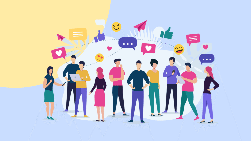 illustration with lots of people and speech bubbles and emojis.