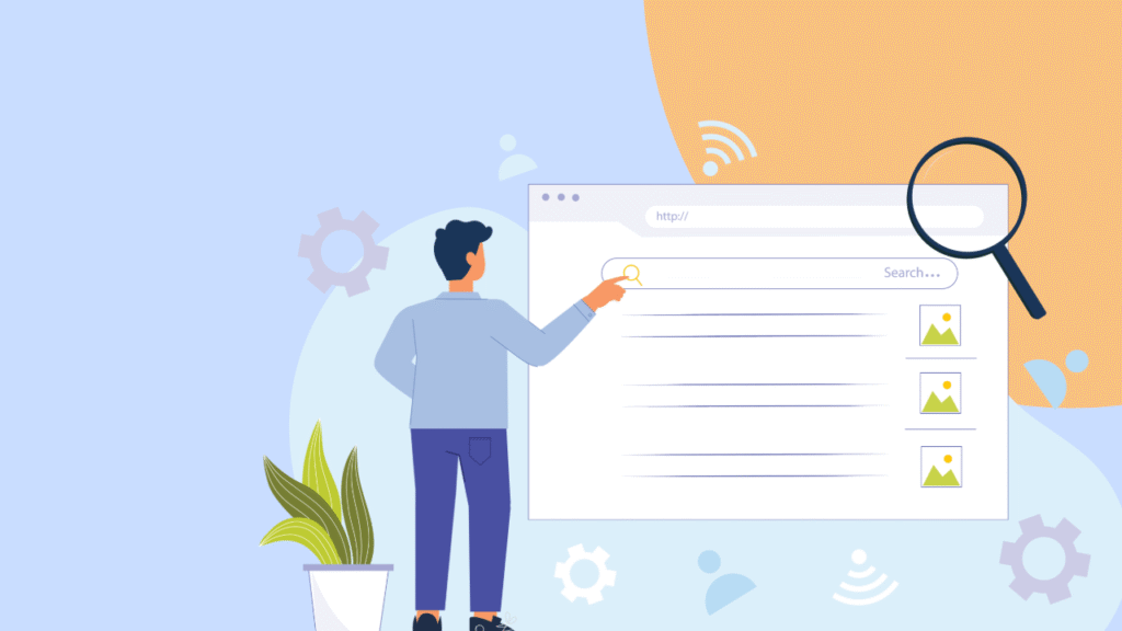 illustration of a man pointing at a large browser webpage with text blurred out.