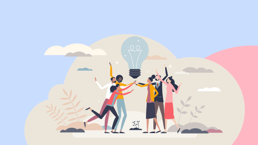 illustration of four people jumping up to a big lightbulb