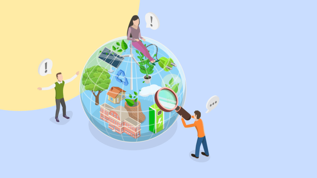 illustration three people against an image of earth.