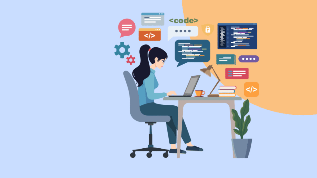 illustration of someone sitting on an office chair working on a laptop