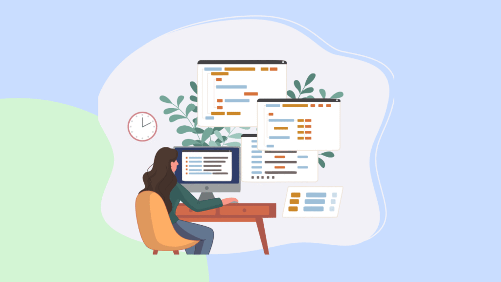 illustration of a person sitting on a chair at a laptop with a cloud above them with images of a web browser page.
