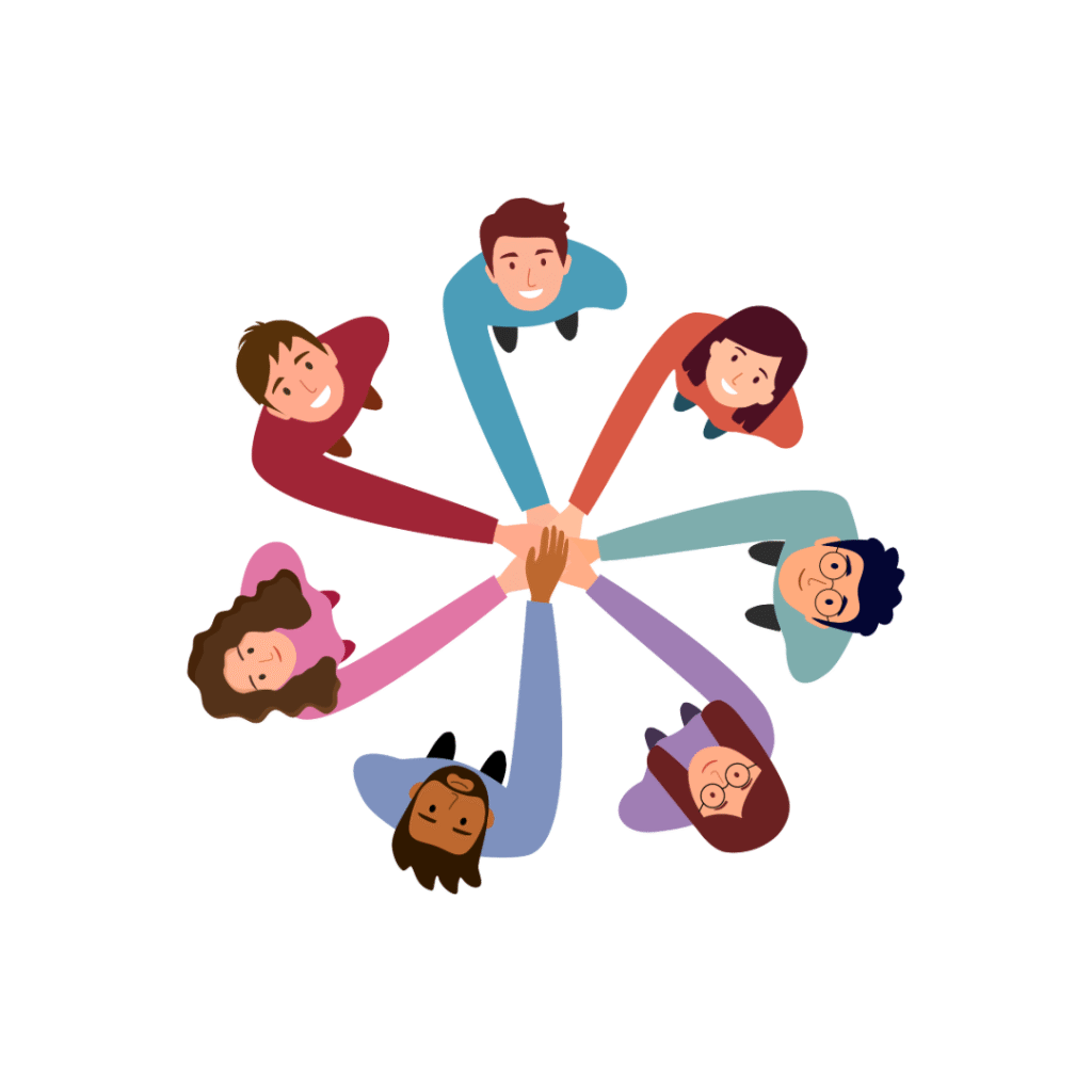 Seven people standing in a circle holding hands in the middle.