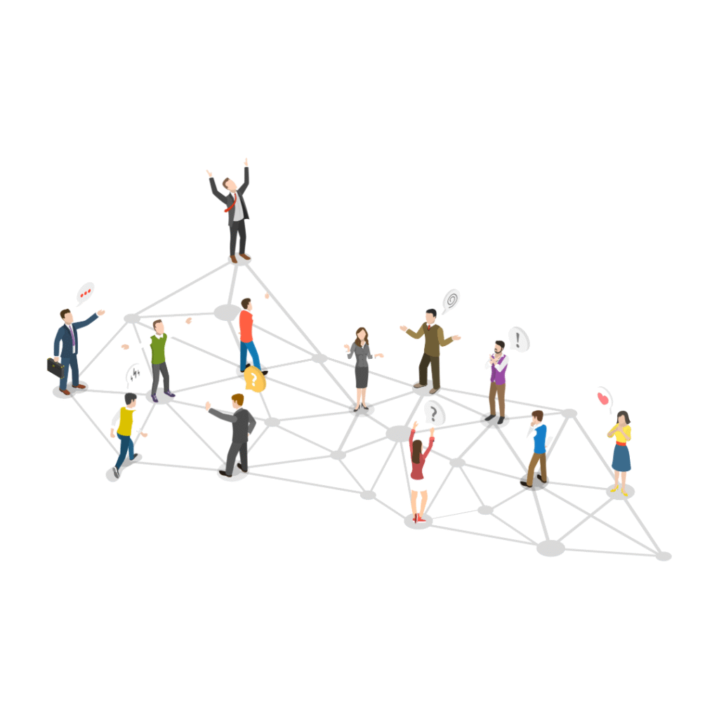 A network diagram with illustrations of people on each of the nodes.