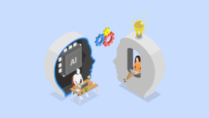 Illustration showing a human working together with AI to generate ideas.