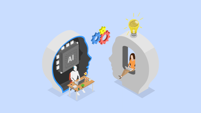 Illustration showing a human working together with AI to generate ideas.